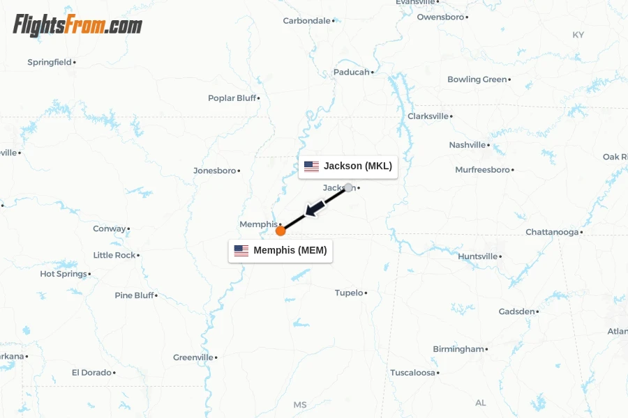 Flights from Jackson to Memphis route map