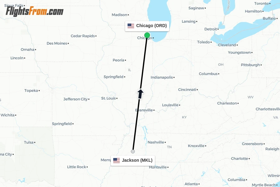 Flights from Jackson to Chicago route map