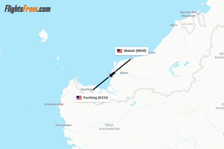Flights from Mukah to Kuching route map