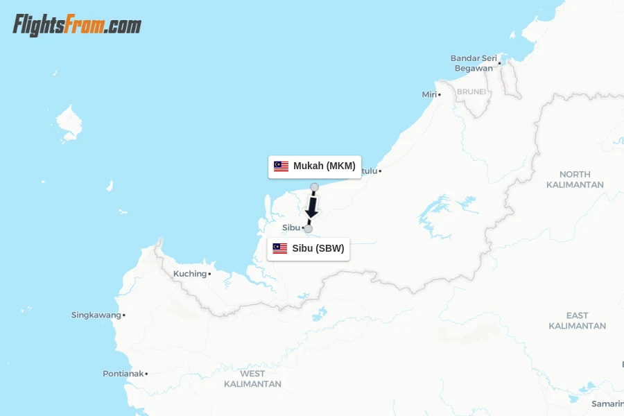 Flights from Mukah to Sibu route map