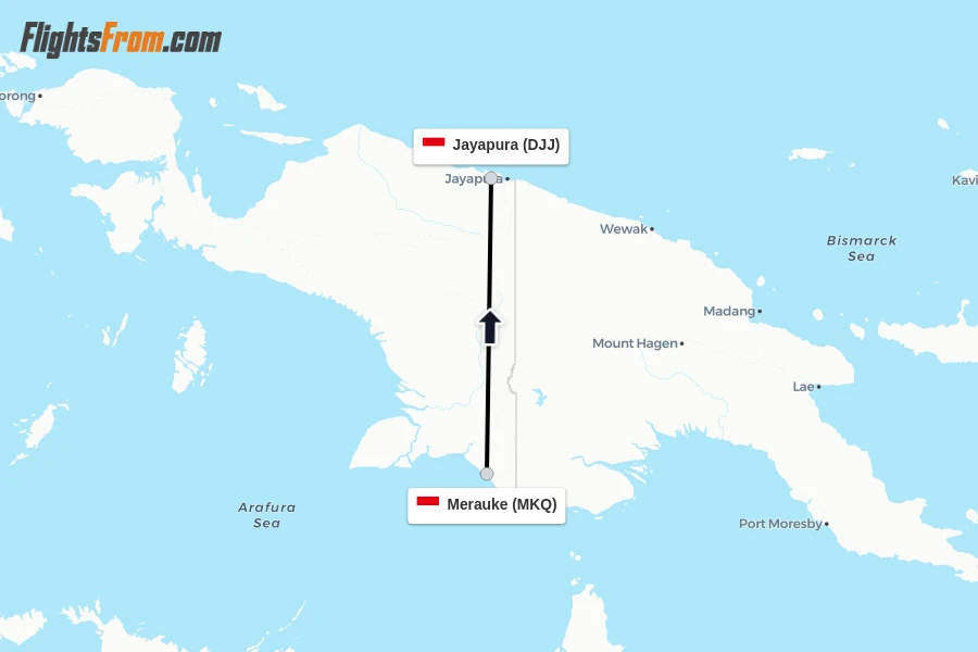 Flights from Merauke to Jayapura route map
