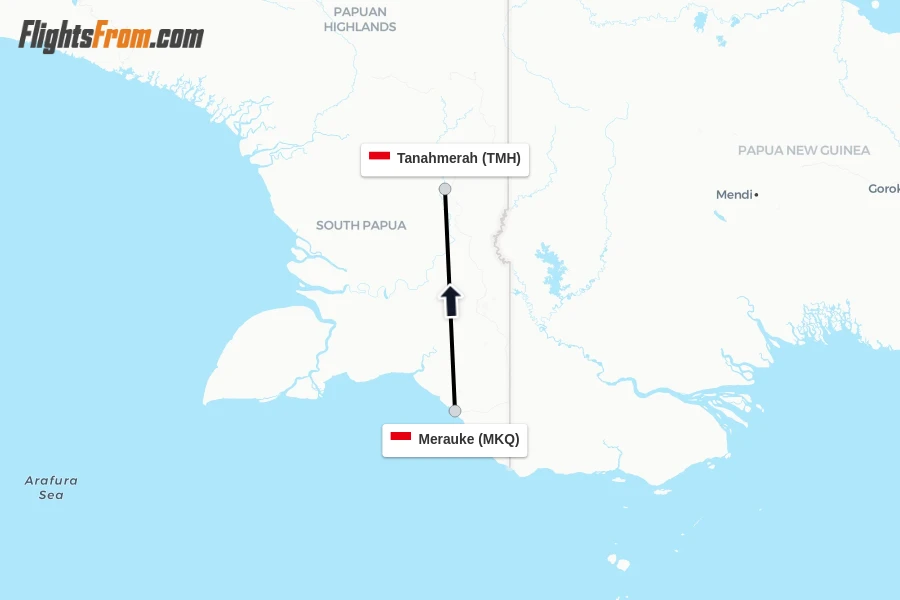 Flights from Merauke to Tanahmerah route map