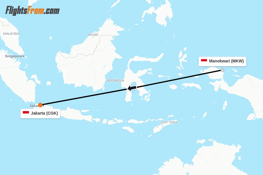 Flights from Manokwari to Jakarta route map