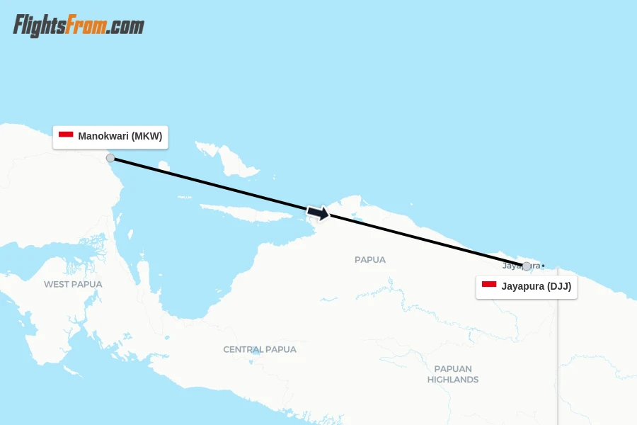 Flights from Manokwari to Jayapura route map