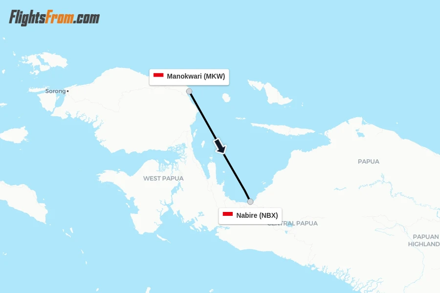 Flights from Manokwari to Nabire route map