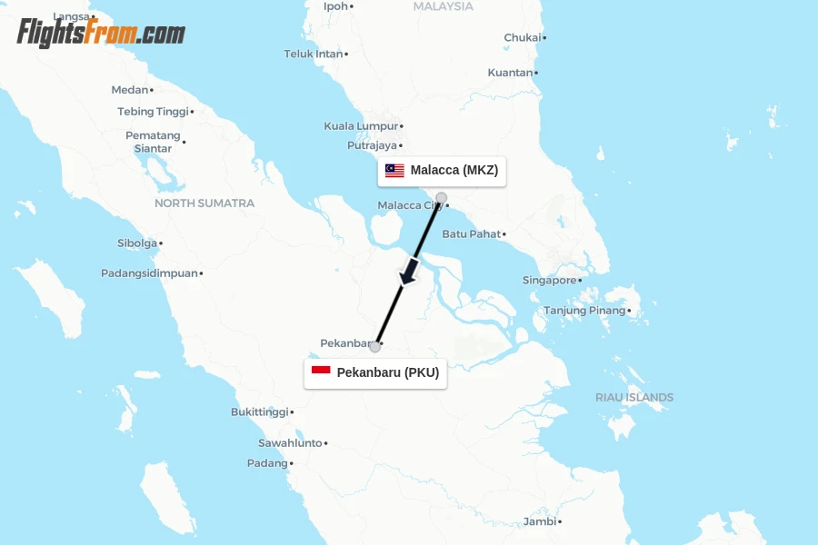 Flights from Malacca to Pekanbaru route map