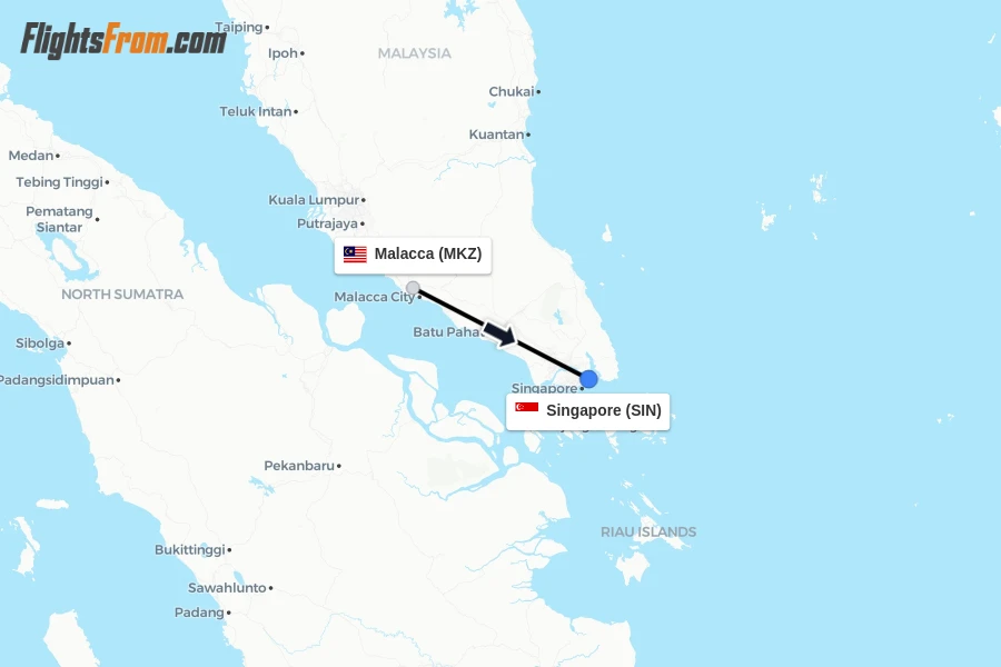Flights from Malacca to Singapore route map