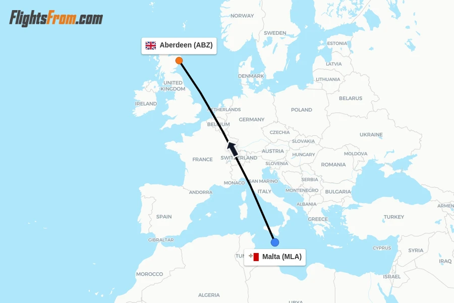 Flights from Malta to Aberdeen route map