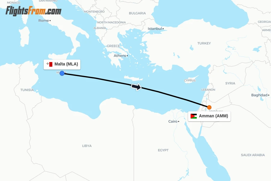 Flights from Malta to Amman route map