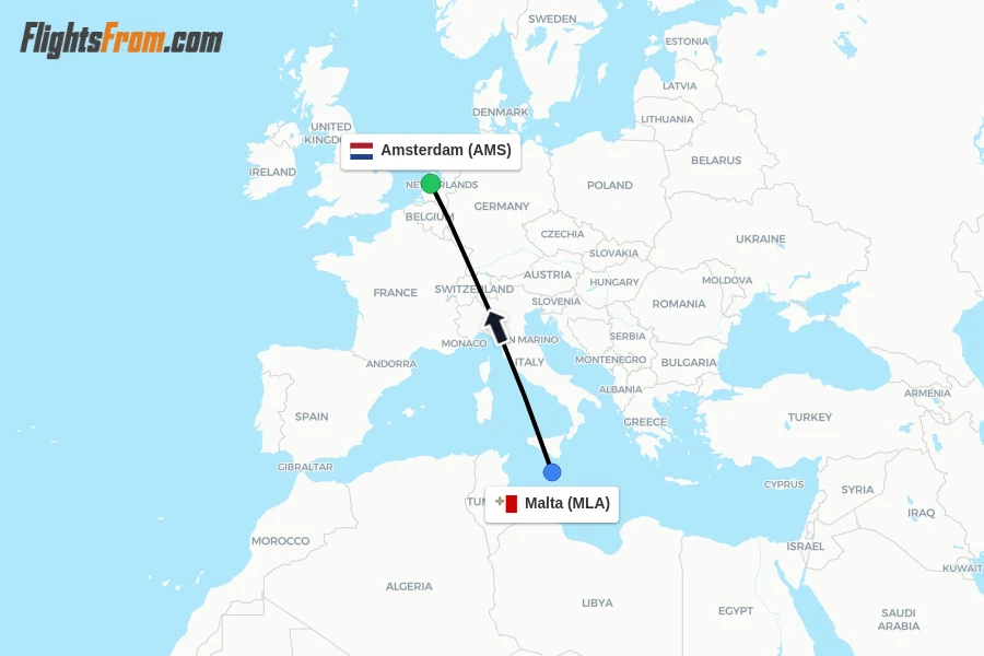 Flights from Malta to Amsterdam route map