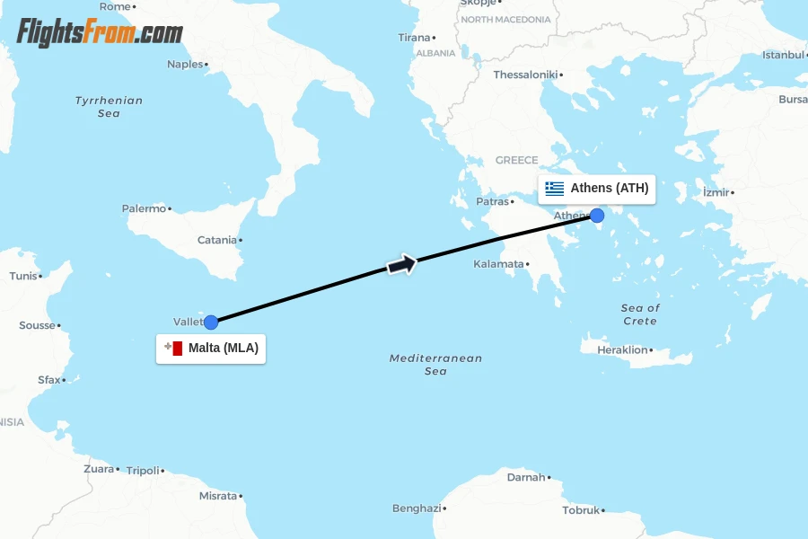 Flights from Malta to Athens route map