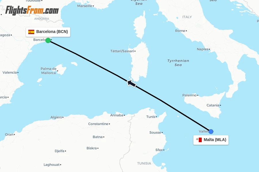 Flights from Malta to Barcelona route map