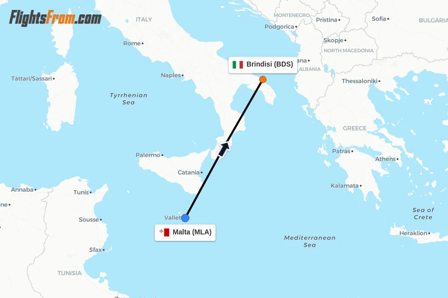 Flights from Malta to Brindisi route map