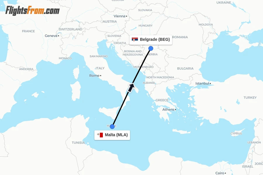 Flights from Malta to Belgrade route map