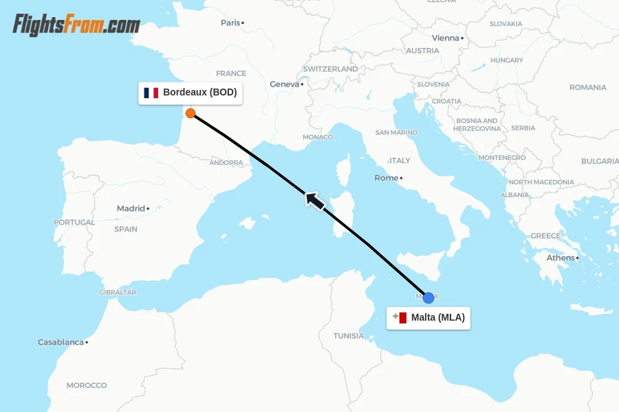 Flights from Malta to Bordeaux route map