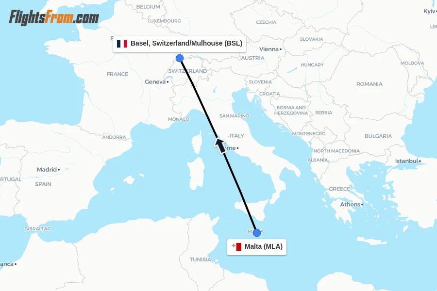 Flights from Malta to Basel, Switzerland/Mulhouse route map