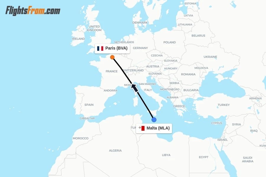 Flights from Malta to Paris route map