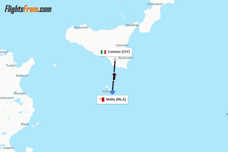 Flights from Malta to Comiso route map