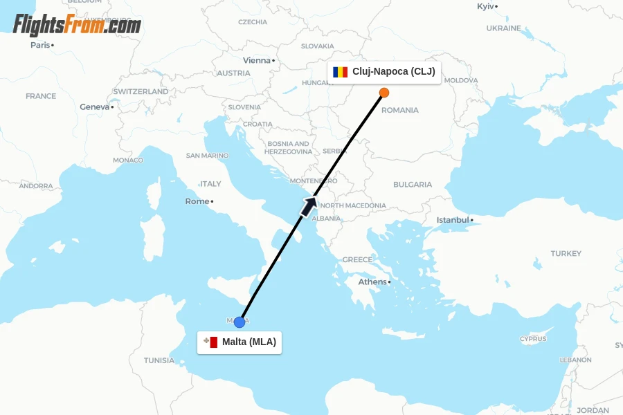 Flights from Malta to Cluj-Napoca route map