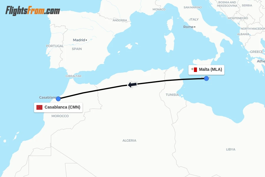 Flights from Malta to Casablanca route map
