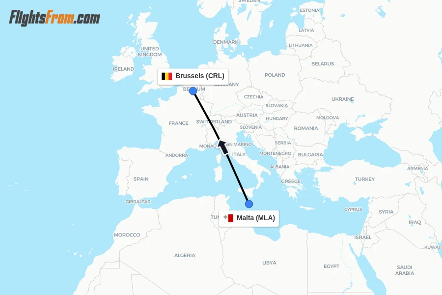 Flights from Malta to Brussels route map