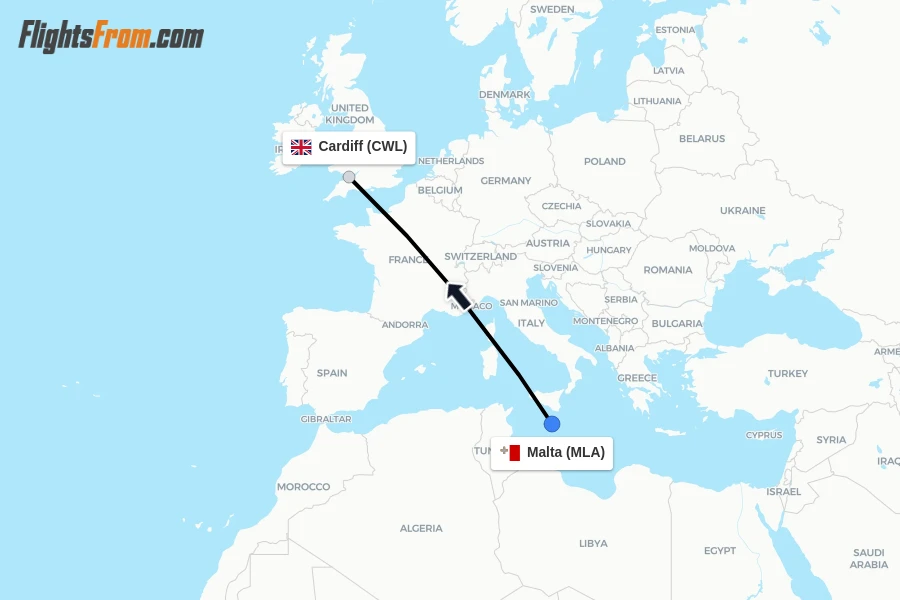 Flights from Malta to Cardiff route map