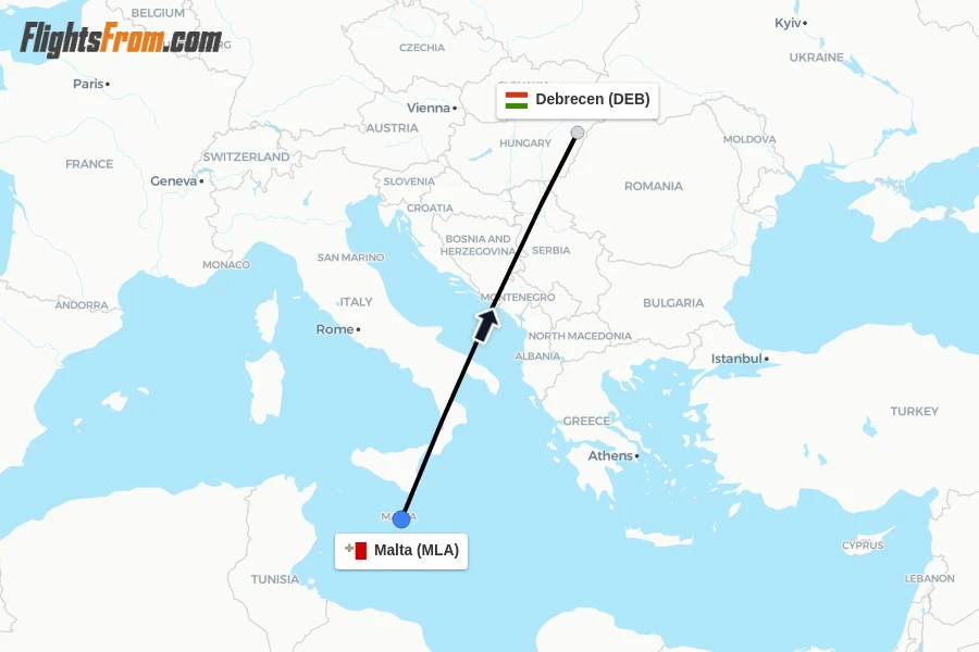 Flights from Malta to Debrecen route map