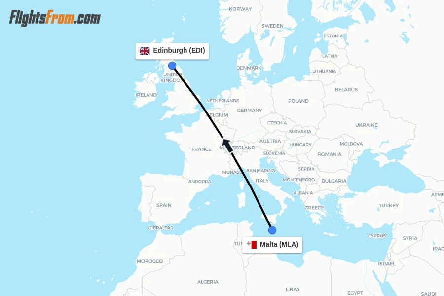 Flights from Malta to Edinburgh route map