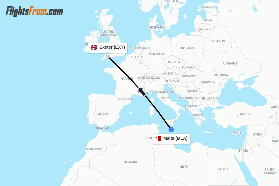 Flights from Malta to Exeter route map