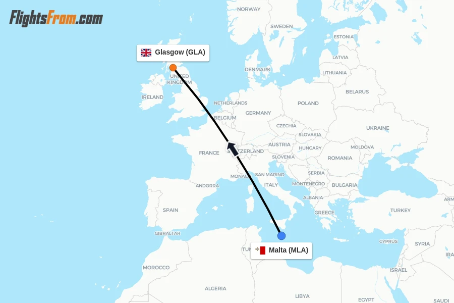 Flights from Malta to Glasgow route map