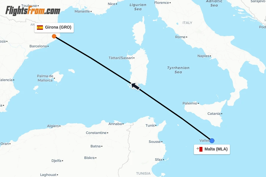 Flights from Malta to Girona route map
