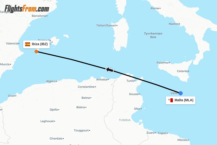 Flights from Malta to Ibiza route map