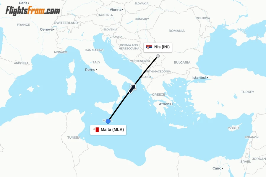Flights from Malta to Nis route map