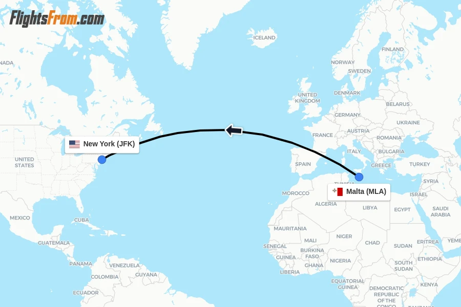 Flights from Malta to New York route map