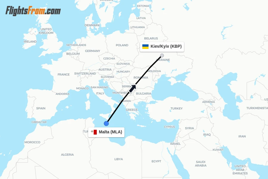 Flights from Malta to Kiev/Kyiv route map