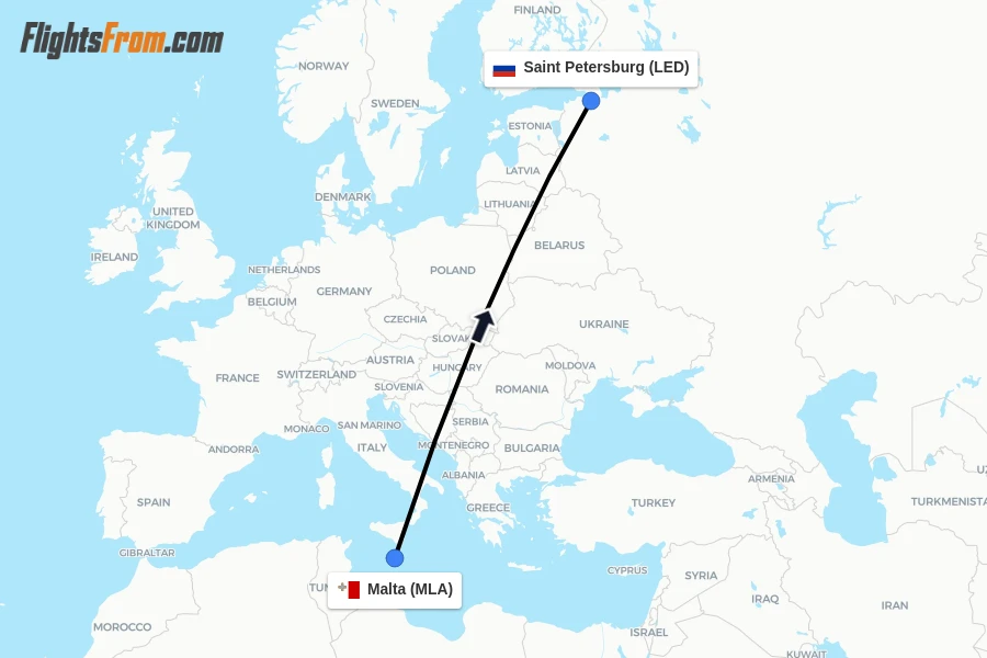 Flights from Malta to Saint Petersburg route map