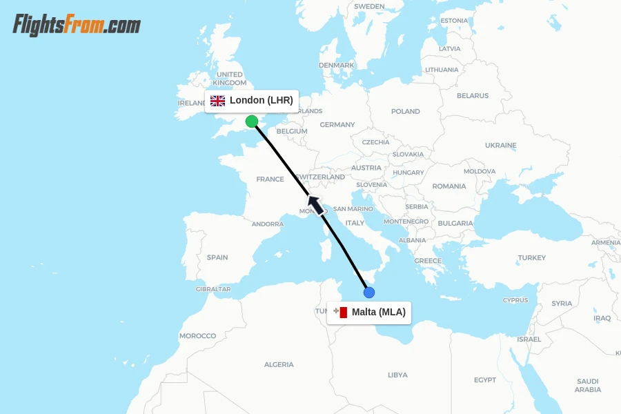 Flights from Malta to London route map