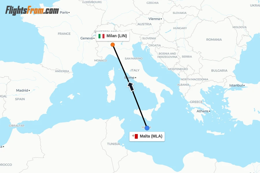 Flights from Malta to Milan route map