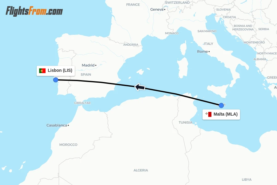 Flights from Malta to Lisbon route map