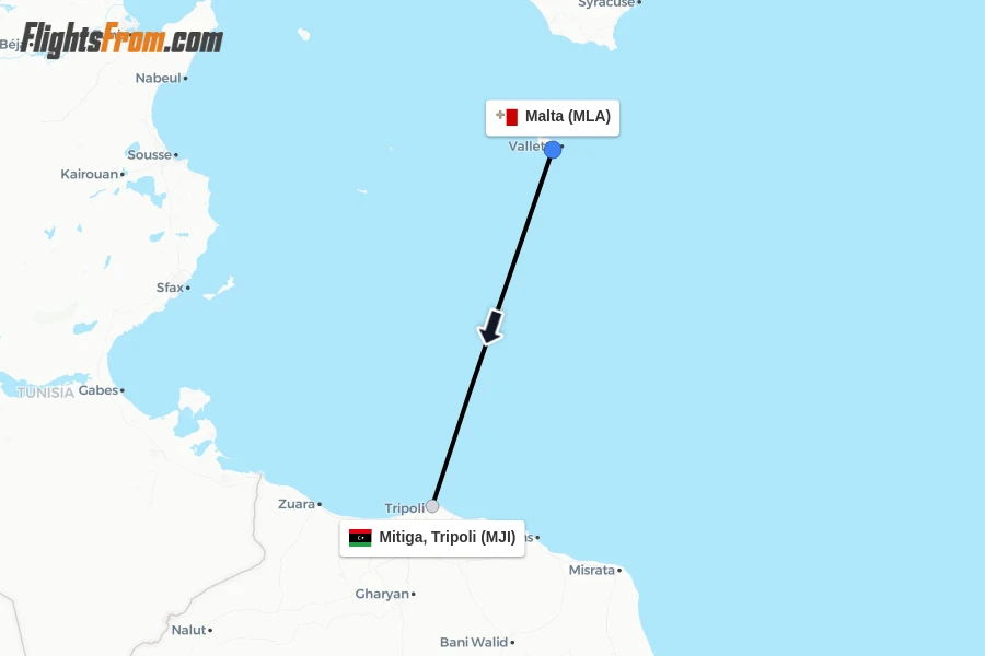 Flights from Malta to Mitiga, Tripoli route map