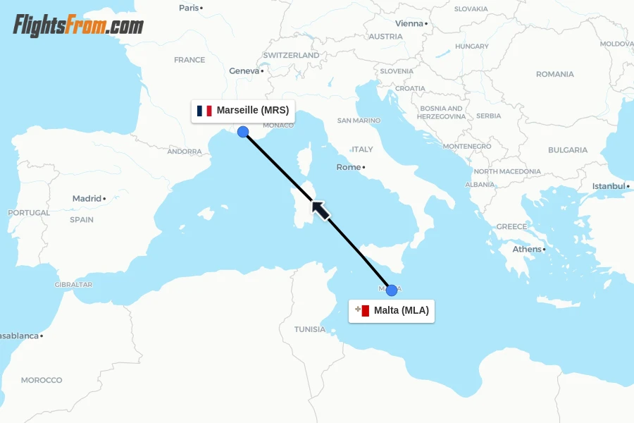 Flights from Malta to Marseille route map