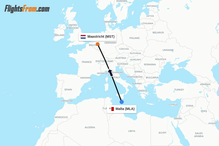 Flights from Malta to Maastricht route map