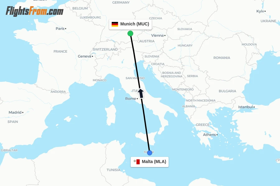 Flights from Malta to Munich route map