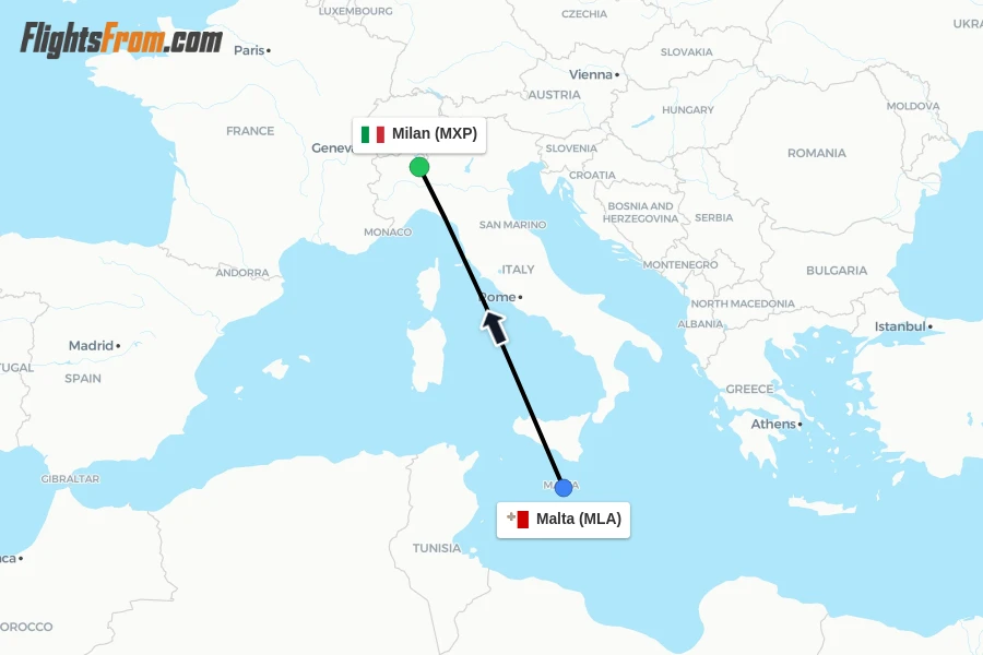 Flights from Malta to Milan route map