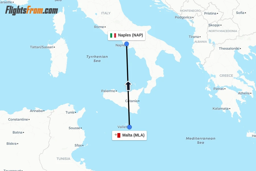 Flights from Malta to Naples route map