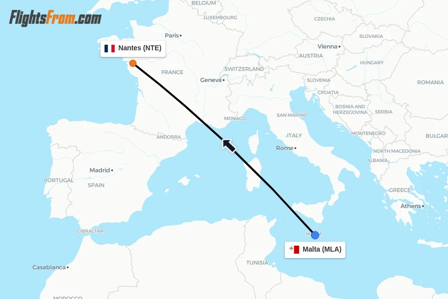 Flights from Malta to Nantes route map