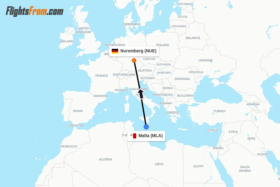 Flights from Malta to Nuremberg route map