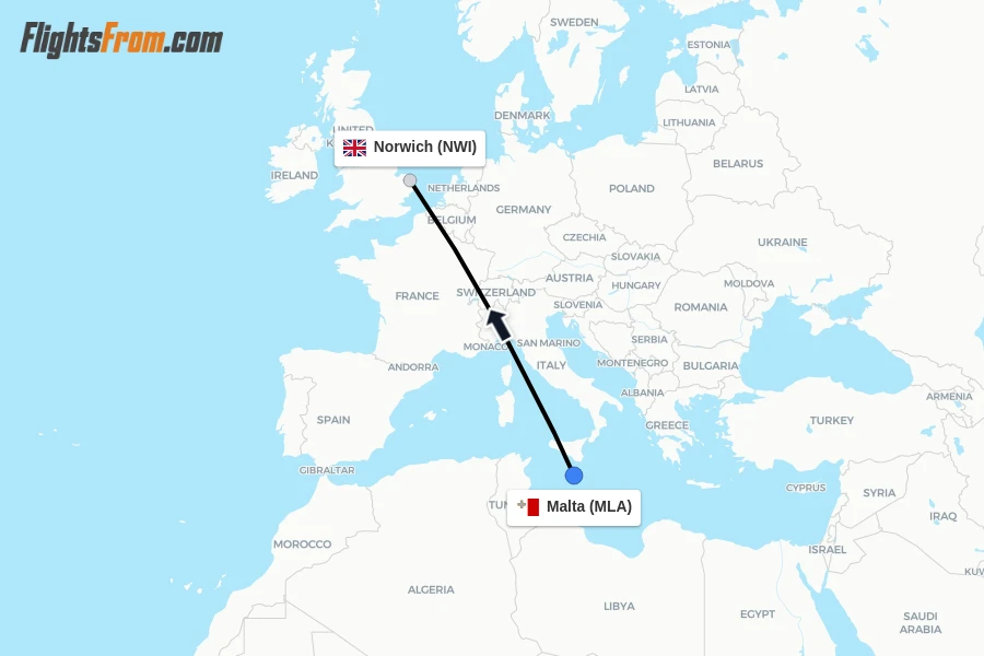Flights from Malta to Norwich route map