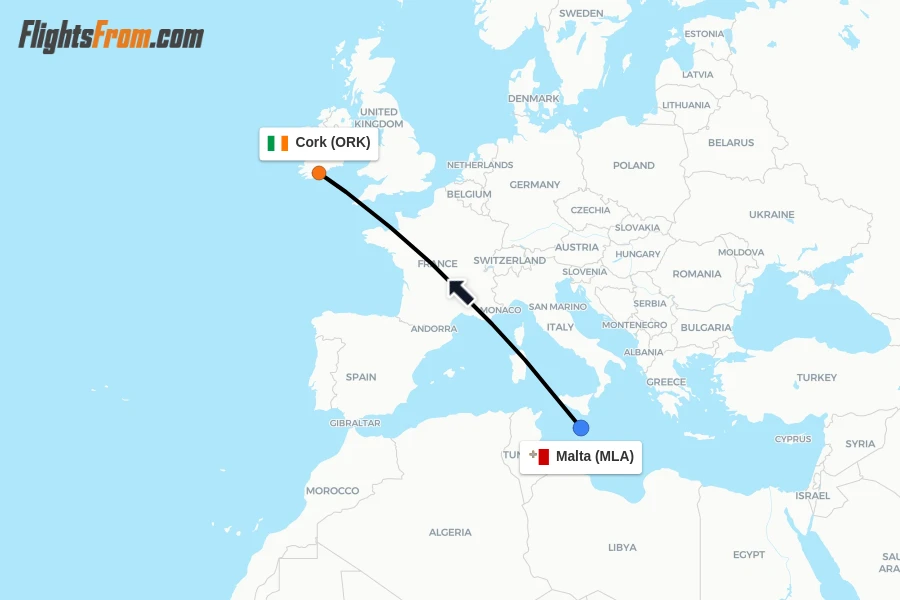 Flights from Malta to Cork route map