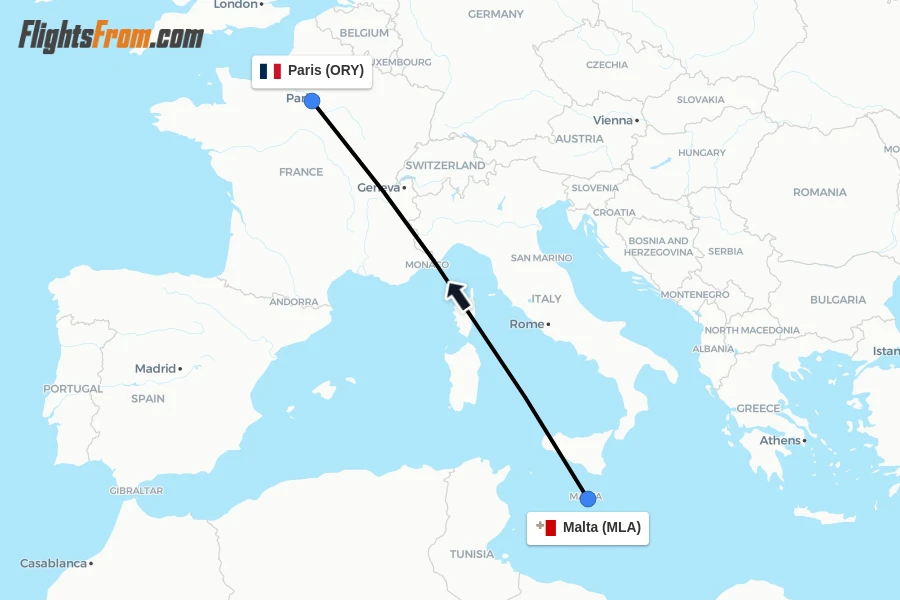 Flights from Malta to Paris route map